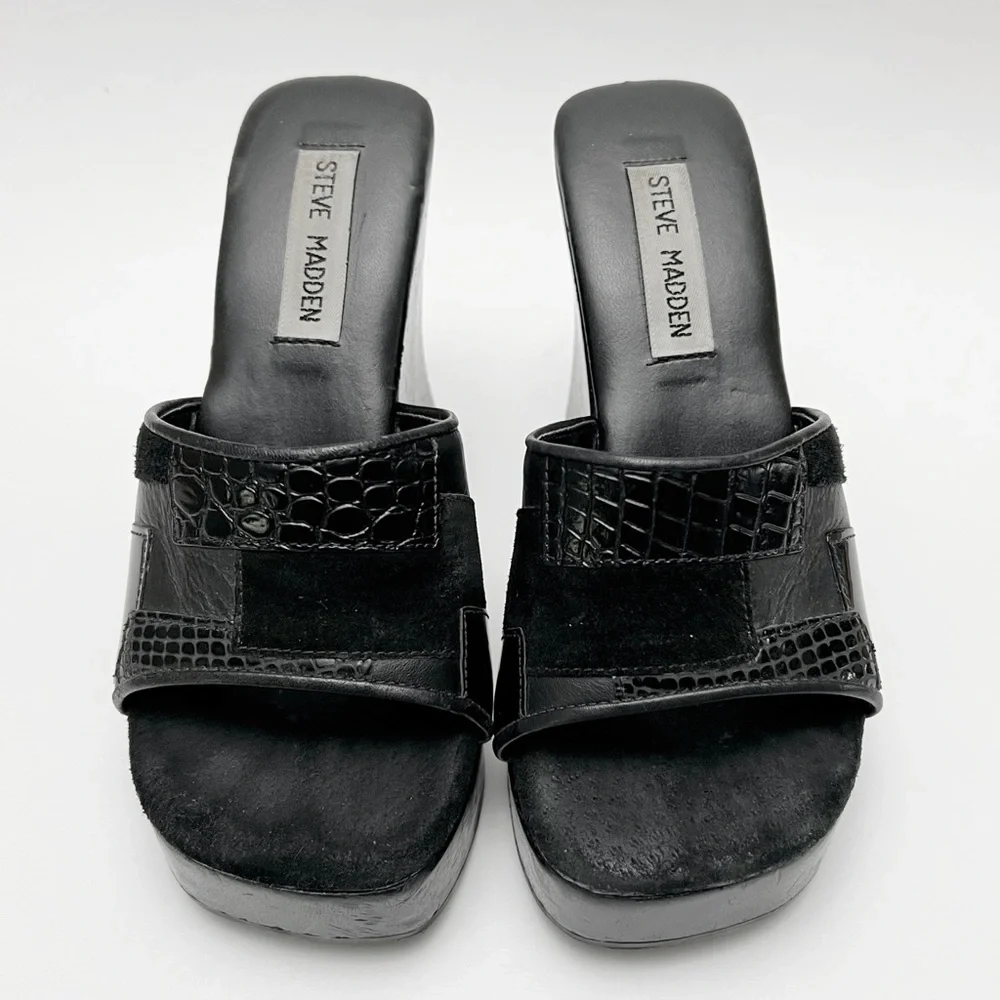 Vintage 90s Y2K Steve Madden Black Patchwork Leather Wood Platform Sandals - Picture 2 of 11
